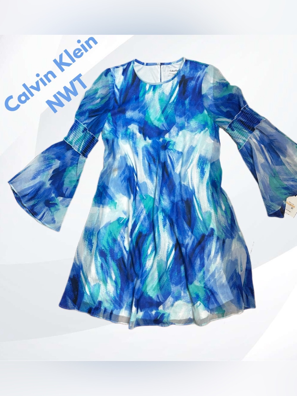 NWT Calvin Klein Ladies Blue & Aqua Watercolor Bell-Sleeve Dress